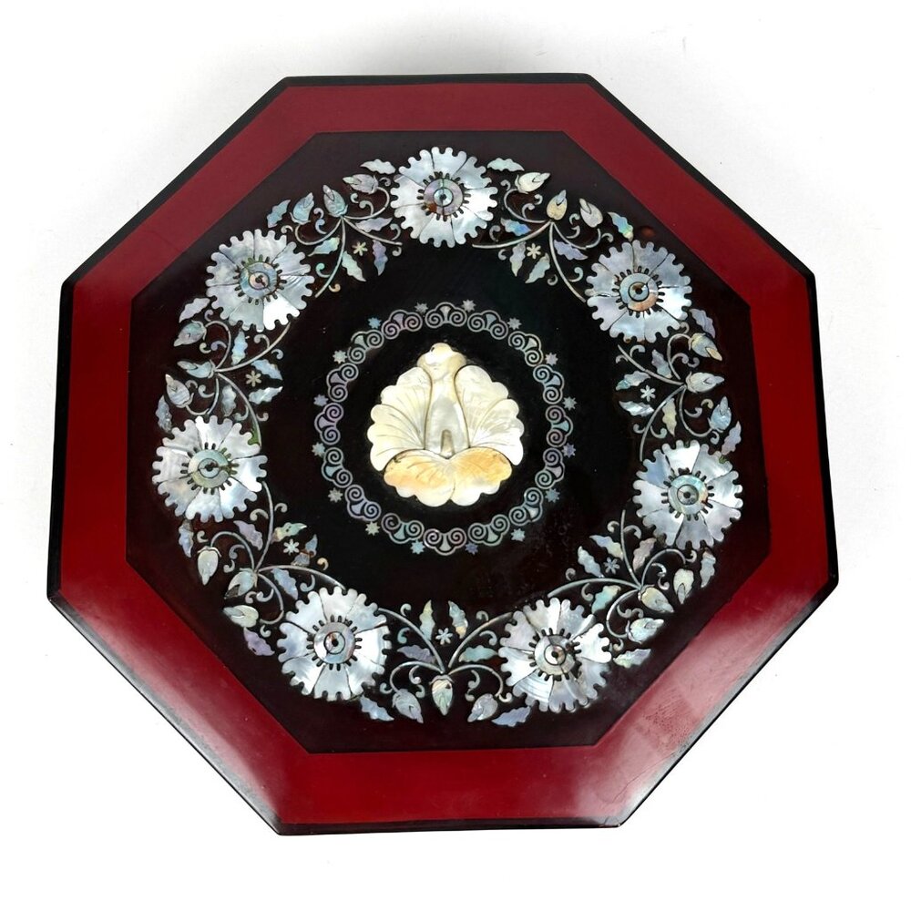 Octagonal Mother Of Pearl Inlaid Red Lacquer Box With Compartments Functional El